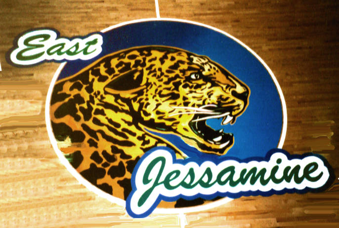 East Jessamine Jaguar  Gym Floor Painting, Flying Armadillo Signs, Mike Burrell, FASCO